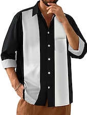 cheap Men&#039;s Button Up Shirts-Men&#039;s Shirt Summer Shirt Button Up Shirt Casual Shirt Bowling Shirt Black Long Sleeve Color Block Lapel Street Vacation Pocket Clothing Apparel Fashion 1950s Leisure Hawaiian
