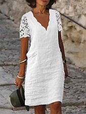 abordables concevoir des robes en coton et lin-Femmes Blanche Été Printemps Robe Midi Robes inspirées du lin Robe Blanche Robe Décontractée Moderne Occasionnel Mature Extérieur Vacances Quotidien Coupe régulière Uni Col en V