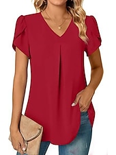 economico Top Semplici da Donna-camicetta da donna elegante neon&amp;amp;manica petalo brillante manica corta scollo a V casual nero bianco rosso blu navy blu
