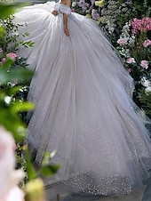 economico Abiti da sposa-Abiti da Sposa Formali per Fidanzamento Sparkle  Shine Abito da Ballo Spalle Scoperte Maniche a Cappuccio Strascico Cappella Abiti da Sposa Squinato con Colore Solido