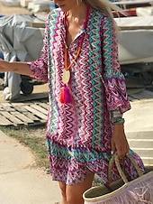 preiswerte Ausgefallene Kleider-Damen Midikleid Langärmliges Boho-Kleid Boho-Kleid Strandkleid Böhmen Modern Brautkleider schlicht Trompetenärmel Outdoor Urlaub Täglich Lockere Passform Farbblock Langarm V Ausschnitt Rosa Sommer