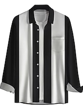 cheap Men&#039;s Button Up Shirts-Men&#039;s Shirt Summer Shirt Button Up Shirt Casual Shirt Bowling Shirt Black Long Sleeve Color Block Lapel Street Vacation Pocket Clothing Apparel Fashion 1950s Leisure Hawaiian