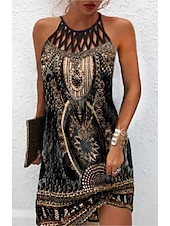 billige Boho-kjoler-Dame Mini kjole Uformell kjole Etnisk kjole Boho-kjole Halter Neck kjole Mote Klassisk Fritid Feriereise Daglig Ferie Normal Geometrisk Trykt mønster Ermeløs Crew-hals Grimehals Svart Blå Grønn