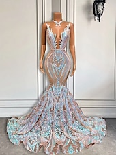 preiswerte SCHWARZ-Schwarzes Meerjungfrau Abendkleid Pailletten Elegantes Kleid Karneval Formal Gericht Zug Ärmellos Illusionshals Afroamerikanisches Maskenkleid