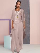 tanie Garnitury dla mamy-Suknia ślubna na plaży Jumpsuit  Garnitur 3 Elementy matki panny młodej Formalny Gość Weselny Elegancka Duża Okrągły Dekolt Długość Podłogi Chiffon Koronka Bez Rękawów z Aplikacjami 2025 darmowy