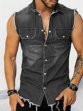 cheap Men&#039;s Button Up Shirts-Men&#039;s Summer Shirt Button Up Shirt Denim Shirt Black Blue Sleeveless Plain Turndown Vacation Daily Denim Clothing Apparel Polyester Fashion Casual Comfortable