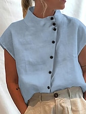 ieftine Bluze simple pentru femei-Pentru femei Cămașă Bluză Cămașă cu gât Culoare solidă Simplu Elegant De Bază Manșon scurt Mâneci Lejere Guler Pe Gât Topuri obișnuite Zilnic Nasturi Albastru Deschis Negru Alb Roz Îmbujorat Trifoi