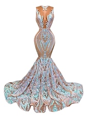 preiswerte SCHWARZ-Schwarzes Meerjungfrau Abendkleid Pailletten Elegantes Kleid Karneval Formal Gericht Zug Ärmellos Illusionshals Afroamerikanisches Maskenkleid