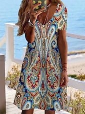 preiswerte Boho Kleider-Damen Minikleid Casual kleid Ethnisches Kleid Etuikleid Minikleid Urlaub Modisch Klassisch Urlaub Geburtstag Casual Regular Fit Blumen Paisley-Muster Kurzarm V Ausschnitt Tiefes V Rote Staubiges Blau