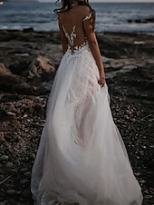 baratos vestidos de casamento casuais-Vestidos de Noiva Boho com Costas Abertas Praia A-Line Off Shoulder Manga Curta Cauda de Corte Renda Vestidos de Noiva com Apliques Cor Sólida 2025