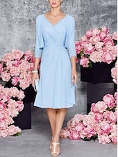economico Con giacca-Abito A-Line madre della sposa ospite di matrimonio abito elegante festa petite scollo a V lunghezza al ginocchio in chiffon pizzo maniche 3/4 con arricciature colore solido taglia personalizzata