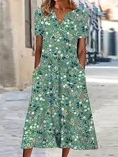 economico Abito Floreale-Per donna Abito Midi Abito a Tubino Abito Estivo Abito Stampato Attivo Moda Streetwear All&#039;aperto Vacanza Data Vestibilità regolare Floreale Manica Corta Scollo a V Blu Verde Grigio Estate Primavera