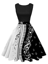 cheap Cocktail Dress-Women&#039;s Retro 1950s Vintage Tea Dresses Midi Dress Daily Holiday Ruched Print Note Crew Neck Sleeveless Slim Summer Spring 2023 Black Wine S M L XL