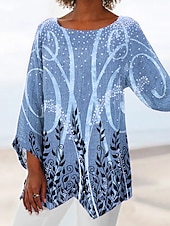 abordables Hauts Floraux-Blouse femme chiffon basique quotidienne à feuilles imprimé manches longues hauts longs col rond décontracté vacances bleu vert gris automne  hiver
