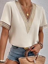 preiswerte Spitzenoberteile-Damen Weiße Elegante Spitzen Tops Loch Bluse T-Shirt Burgunder Tee Schlichte Reguläre Tops Kurze Ärmel V-Ausschnitt Reguläre Passform Täglich Wochenende Romantische Petite Tops Sommer Urlaub Trag