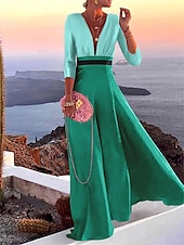 economico Abiti da vacanza-abito casual da donna color block patchwork scollo a V maxi abito lungo casual quotidiano manica 3/4 estate primavera
