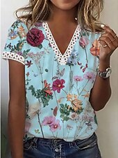 baratos Camiseta floral-Mulheres Camiseta Floral Geométrica Branco Rosa Azul Renda Imprimir Manga Curta Casual Diário Básico Decote V Normal
