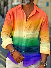 preiswerte Geometrische Muster-Herren Regenbogen Geometrische Muster Hemd Knopfhemd Langarm Modisch Strassenmode Designer Casual Täglich Ausgehen Herbst Winter Umlegekragen Bedruckt Rosa Regenbogen Blau + Blau Leicht Blau