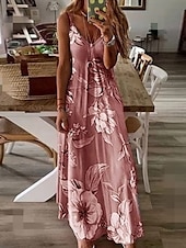 billiga Blommiga klänningar-Kvinnors Maxi Klänning Sommarklänning A-linje Klänning Blomklänning Mode Modern Avslappnad Semester Avslappnat Daglig Regulär Passform Blomma Ärmfritt V-ringad Rosa Blå Lila Fuchsia Sommar Vår