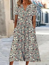 economico Abito Floreale-Per donna Abito Midi Abito a Tubino Abito Estivo Abito Stampato Attivo Moda Streetwear All&#039;aperto Vacanza Data Vestibilità regolare Floreale Manica Corta Scollo a V Blu Verde Grigio Estate Primavera