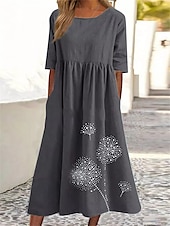 economico abiti stampati in cotone e lino-Per donna Verde militare Nero Rosa Estate Primavera Autunno Abito maxi Abiti in cotone e lino Vestito Casual Abito a tunica Essenziale Casual Maturo All&#039;aperto Vacanza Quotidiano Vestibilità comoda