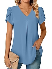 economico Top Semplici da Donna-camicetta da donna elegante neon&amp;amp;manica petalo brillante manica corta scollo a V casual nero bianco rosso blu navy blu