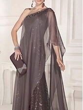 cheap Floor Length-Sheath Mother of the Bride Dress Wedding Guest Elegant Party Sparkle &amp; Shine One Shoulder Sweep / Brush Train Chiffon Lace Sleeveless with Pleats Sequin 2025 free custom size