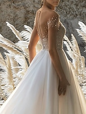 cheap Casual Wedding Dresses-Beach Wedding Beach Formal Wedding Dresses A-Line Off Shoulder Short Sleeve Court Train Chiffon Bridal Gowns With Pleats Beading 2025