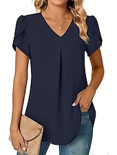 economico Top Semplici da Donna-camicetta da donna elegante neon&amp;amp;manica petalo brillante manica corta scollo a V casual nero bianco rosso blu navy blu