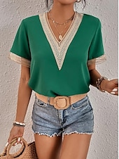 preiswerte Spitzenoberteile-Damen Weiße Elegante Spitzen Tops Loch Bluse T-Shirt Burgunder Tee Schlichte Reguläre Tops Kurze Ärmel V-Ausschnitt Reguläre Passform Täglich Wochenende Romantische Petite Tops Sommer Urlaub Trag