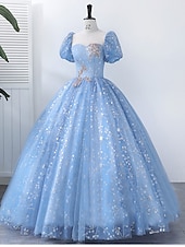 levne Plesové šaty-K zápasovým šatům Quinceanera princezny šaty představení Sweet 16 podlahová délka krátký rukáv čtvercový výstřih s perlami a aplikacemi šaty k ohromení