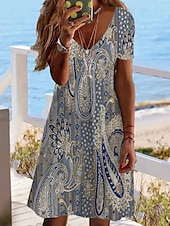 preiswerte Boho Kleider-Damen Minikleid Casual kleid Ethnisches Kleid Etuikleid Minikleid Urlaub Modisch Klassisch Urlaub Geburtstag Casual Regular Fit Blumen Paisley-Muster Kurzarm V Ausschnitt Tiefes V Rote Staubiges Blau