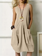 cheap Design Cotton &amp; Linen Dresses-Women&#039;s ArmyGreen Navy Blue Orange Summer Spring Midi Dress Cotton Linen Dresses Casual Dress Cotton Summer Dress Basic Classic Casual Outdoor Daily Regular Fit Pure Color U Neck