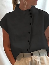 ieftine Bluze simple pentru femei-Pentru femei Cămașă Bluză Cămașă cu gât Culoare solidă Simplu Elegant De Bază Manșon scurt Mâneci Lejere Guler Pe Gât Topuri obișnuite Zilnic Nasturi Albastru Deschis Negru Alb Roz Îmbujorat Trifoi