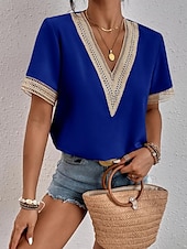 preiswerte Spitzenoberteile-Damen Weiße Elegante Spitzen Tops Loch Bluse T-Shirt Burgunder Tee Schlichte Reguläre Tops Kurze Ärmel V-Ausschnitt Reguläre Passform Täglich Wochenende Romantische Petite Tops Sommer Urlaub Trag