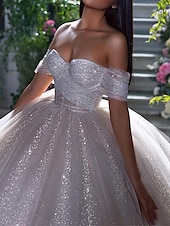 economico Abiti da sposa-Abiti da Sposa Formali per Fidanzamento Sparkle  Shine Abito da Ballo Spalle Scoperte Maniche a Cappuccio Strascico Cappella Abiti da Sposa Squinato con Colore Solido