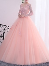 abordables Robes Longues &amp; Gowns-Robe de Bal Longueur Plancher Robes de Promo Princesse Bouffante Manches Longues Col en V Performance Quinceanera avec Cristaux Appliqués