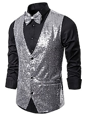 economico Costumi da Palco-Gilet classico da uomo in paillettes vestibilità su misura scollo a V monopetto a tre bottoni argento nero borgogna