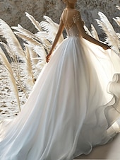 cheap Casual Wedding Dresses-Beach Wedding Beach Formal Wedding Dresses A-Line Off Shoulder Short Sleeve Court Train Chiffon Bridal Gowns With Pleats Beading 2025