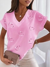 billige Kunst &amp; Design t-skjorte-dame t-skjorte bluse basic hjertetrykk dolman sleeve kortermet vanlige topper v-hals casual hvit rosa blå