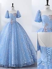 levne Plesové šaty-K zápasovým šatům Quinceanera princezny šaty představení Sweet 16 podlahová délka krátký rukáv čtvercový výstřih s perlami a aplikacemi šaty k ohromení