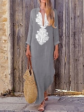 economico disegnare abiti in cotone e lino-Per donna Abito casual Vestito maxi Stampa Essenziale Informale Giornaliero Da mare A V Manica lunga Estate Primavera Autunno Giallo Azzurro cielo Fiore decorativo