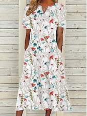ieftine rochie florală-Rochie midi pentru femei Rochie casual Albă Mâneci scurte Floral Buzunar Primăvară Vară Decolteu în V Vacanță 2023 S M L XL XXL 3XL