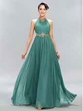 billiga GRÖN-A-linje bröllopsgäst klänningar elegant klänning festkläder bröllopsparty golvlängd ärmlös halterneck chiffon med rynkad appliques 2025