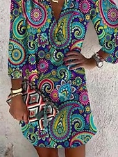 abordables Robes Bohémiennes-Femme Robe mi-longue Robe ethnique Robe bohème à manches longues robe boheme Robe imprimée Bohême Actif Mode Extérieur du quotidien Vacances Ample Cachemire Col V Rouge Vert Eté Printemps