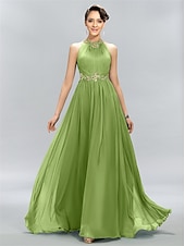 billiga GRÖN-A-linje bröllopsgäst klänningar elegant klänning festkläder bröllopsparty golvlängd ärmlös halterneck chiffon med rynkad appliques 2025