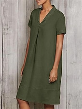 halpa design puuvilla- ja pellavamekot-Naisten Armeijan vihreä Taivaan sininen khaki Kesä Kevät Midimekko Puuvillaiset pellavamekot Rento mekko Muoti Moderni Vapaa-aika ulko- Loma Päivittäin Loose Fit Tavallinen V kaula-aukko