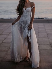 baratos vestidos de casamento casuais-Vestidos de Noiva Boho com Costas Abertas Praia A-Line Off Shoulder Manga Curta Cauda de Corte Renda Vestidos de Noiva com Apliques Cor Sólida 2025