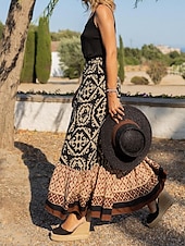 levne sukně-dámská houpačka dlouhá sukně bohemia maxi sukně volánkový potisk grafika ulice dovolená jaro &amp;amp; letní móda ve stylu pobřežní babičky boho černá světle zelená modrá fialová