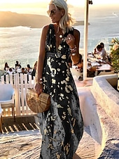 ieftine Rochii de Vacanță-Pentru femei Rochie de petrecere Rochie de Vară Rochie A line Rochie Lunga Rochie Maxi Negru Galben Roz Îmbujorat Fără manșon Culoare pură Sclipici Vară Primăvară V Adânc Vacanță Petrecere Vacan